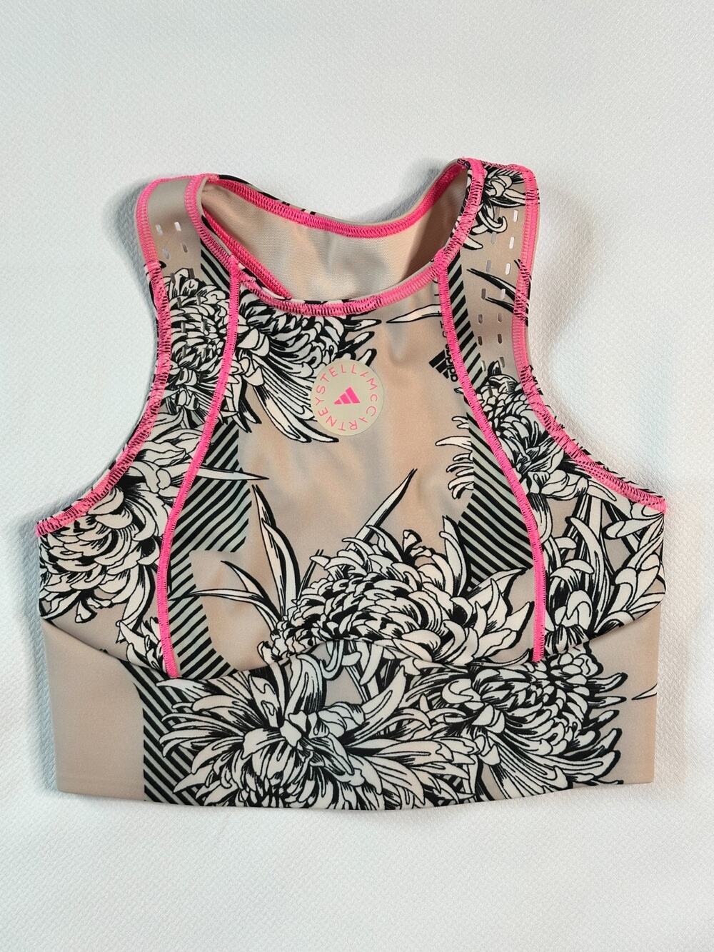 Adidas Stella McCartney XS Sports Bra Floral Pink Black High Neck Crop Racerback